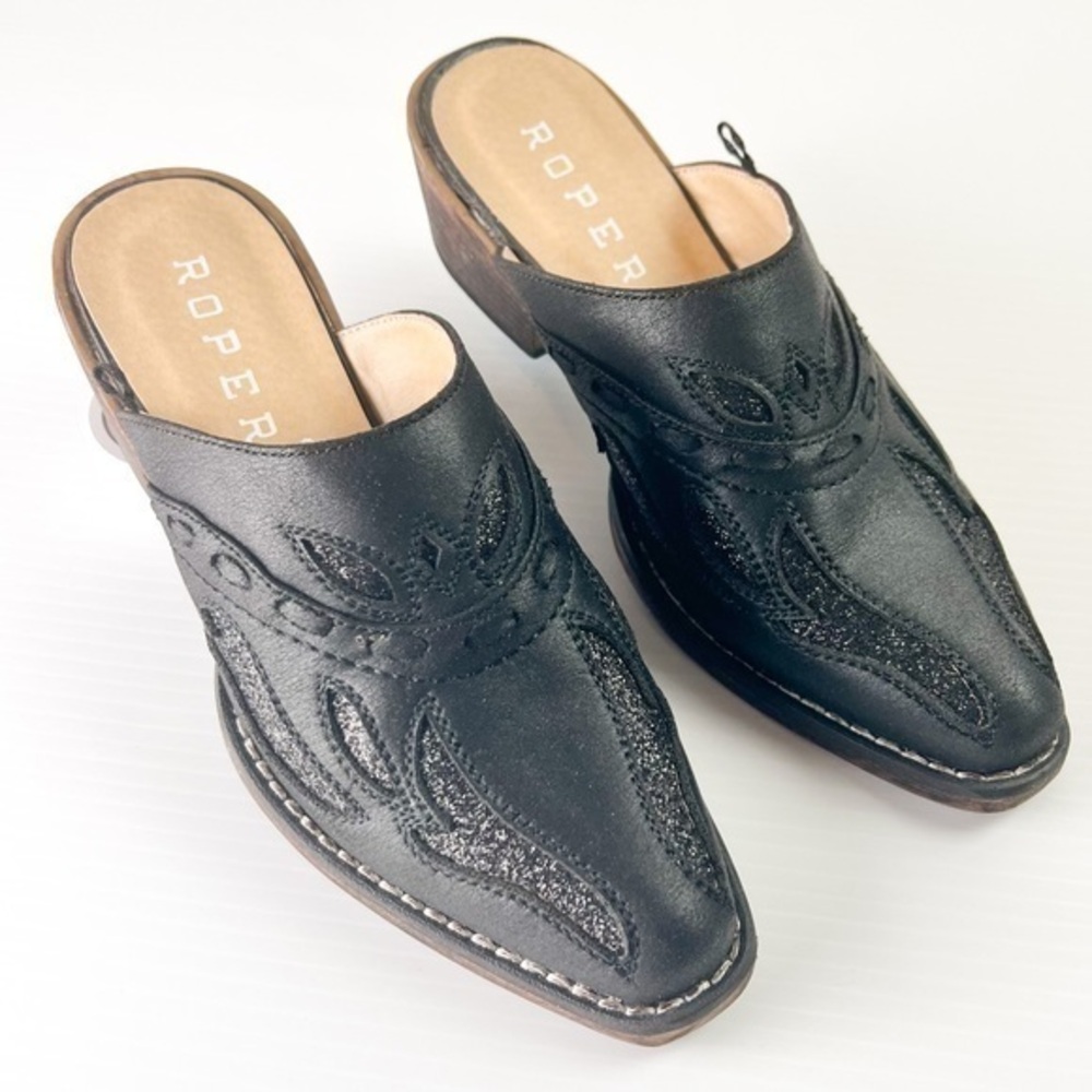 Roper Black Mules with Embroidered Design
